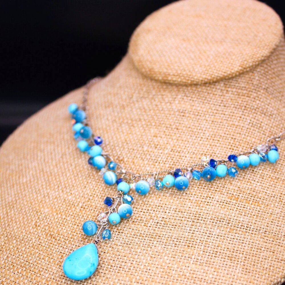 925 Sterling Silver Blue Stone Cats Eye Crystal Y Drop Southwest Necklace Chain